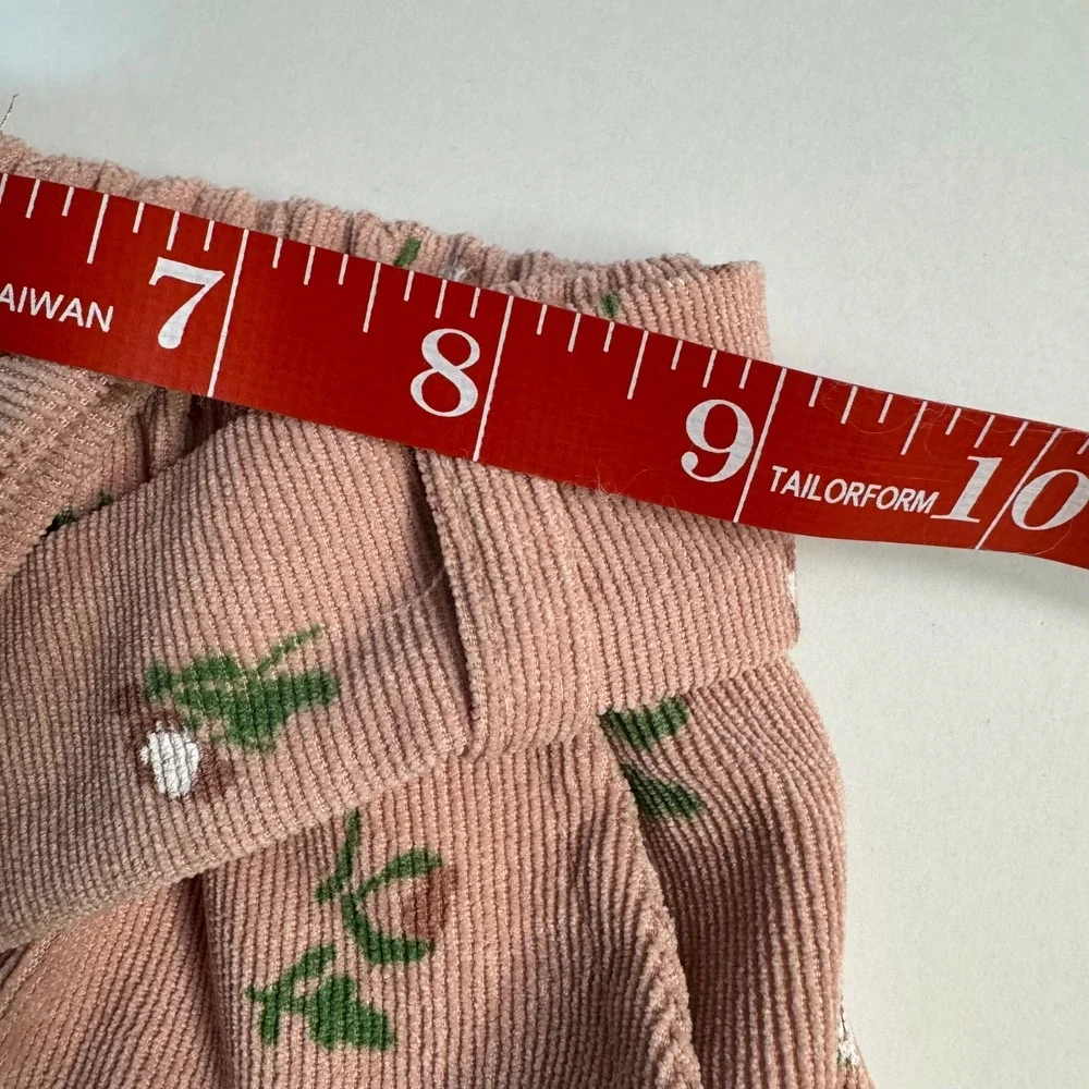 Girls Pink Corduroy Floral Paperbag Waist Button Front Skirt Size 4